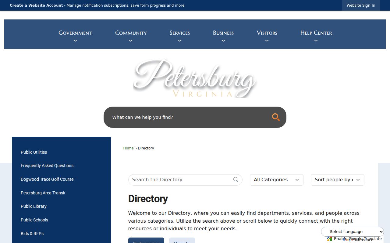 Petersburg residents directory view of the city staff directory