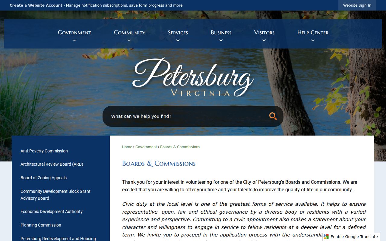 Petersburg neighbors City Boards and Commissions page for public civic context