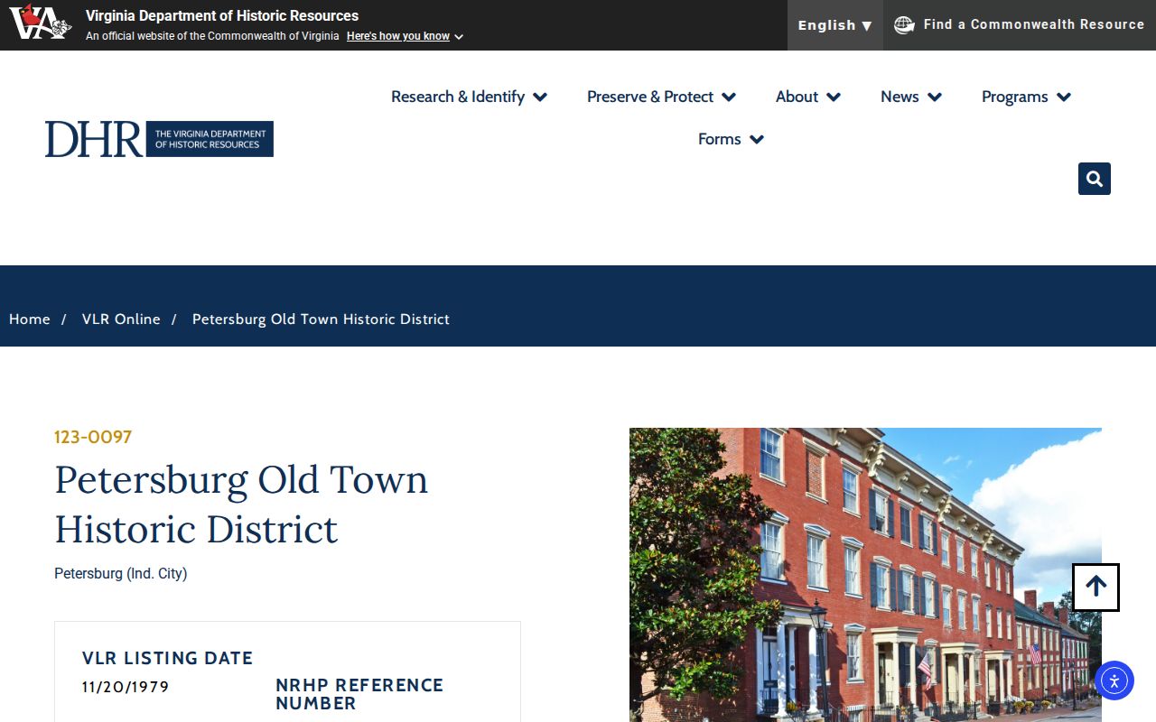 Petersburg neighbors Virginia DHR Old Town Historic District page for block history
