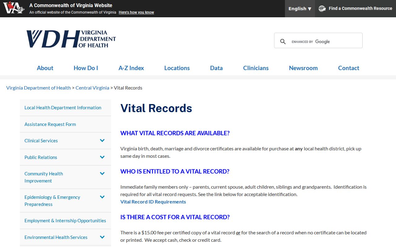 Petersburg resident lookup access through Central Virginia vital records