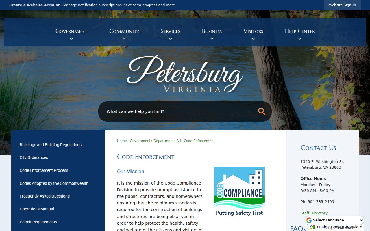 Petersburg street directory Code Enforcement page for address-specific permit and inspection records