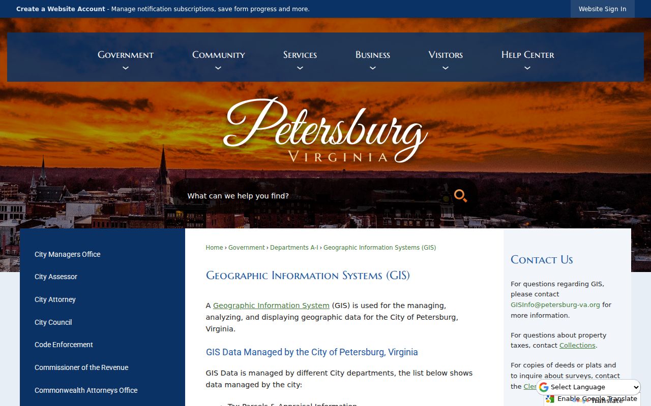 Petersburg street directory City GIS page showing public parcel and street mapping resources